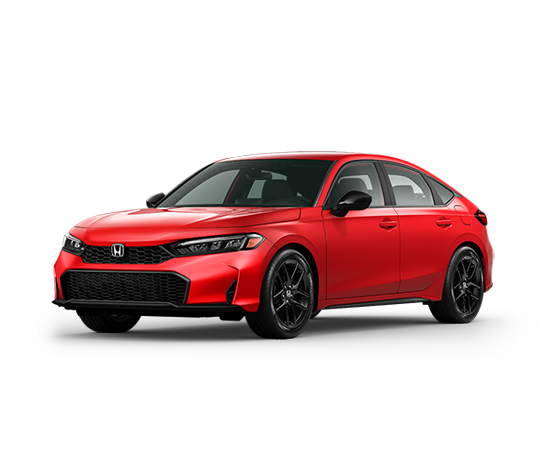 2026 Honda Civic Hatchback Sport in Rallye Red — front three-quarter view
